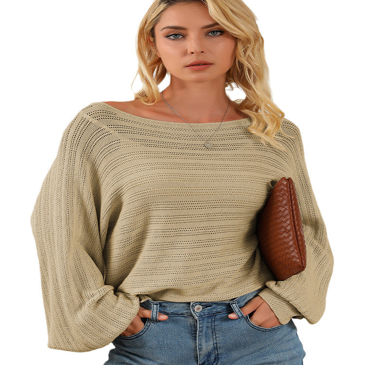 Textured Lantern Sleeve Off-neck Sweater Loose Pullover Sweater