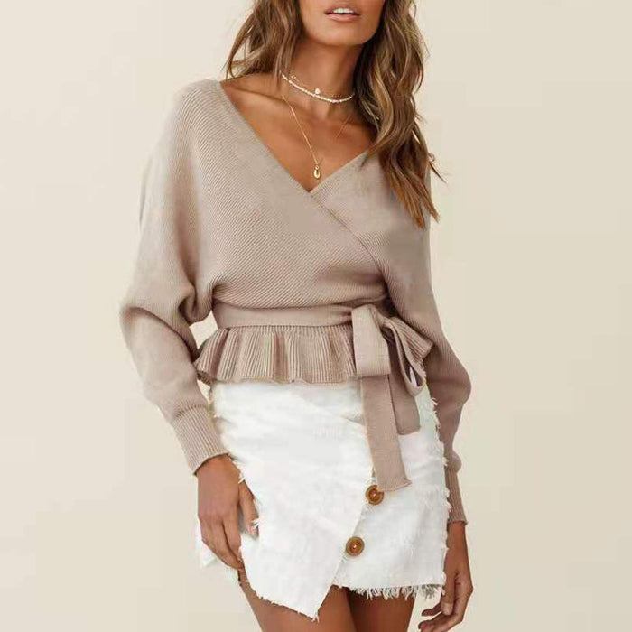 Women's Batwing Coat Knitwear V-neck Exposed Back Bandage Sweater