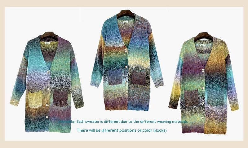 Knitted Sweater Loose Rainbow Long Coat Wool Cardigan