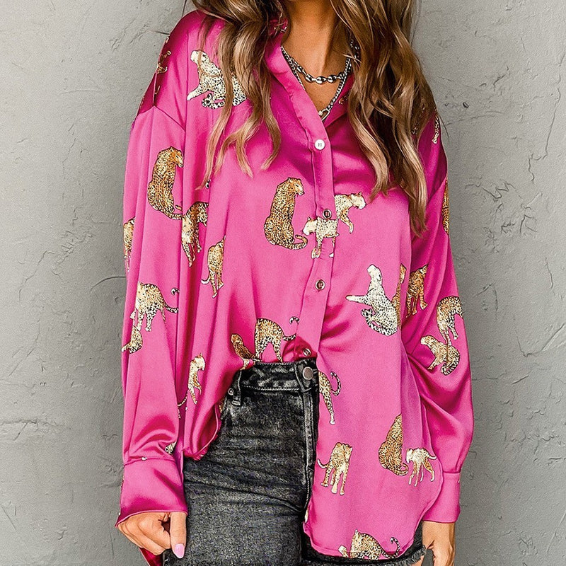 Solid Color Satin Long Sleeve Cardigan Animal Print Shirt