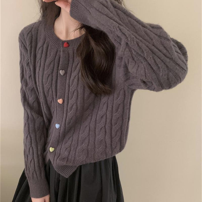 Gentle Color Heart Buckle Cable-knit Sweater Coat For Women