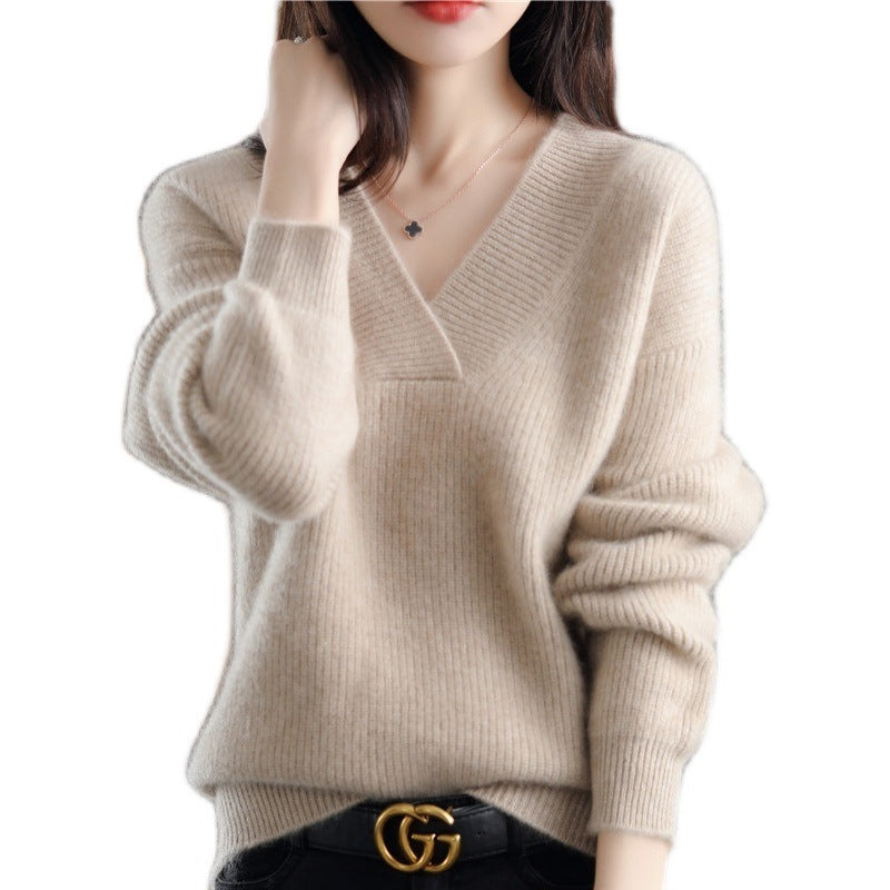 Women's New V Neck Loose Knitted Sweater