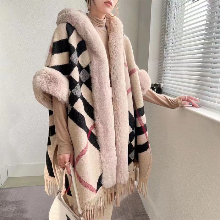 Women's New Loose Plaid And Fleece Collar Knitted Shawl Cape