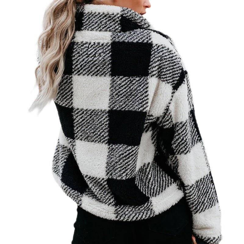 Women's Thickened Stand Collar Sweatshirt Women's Zipper Plaid