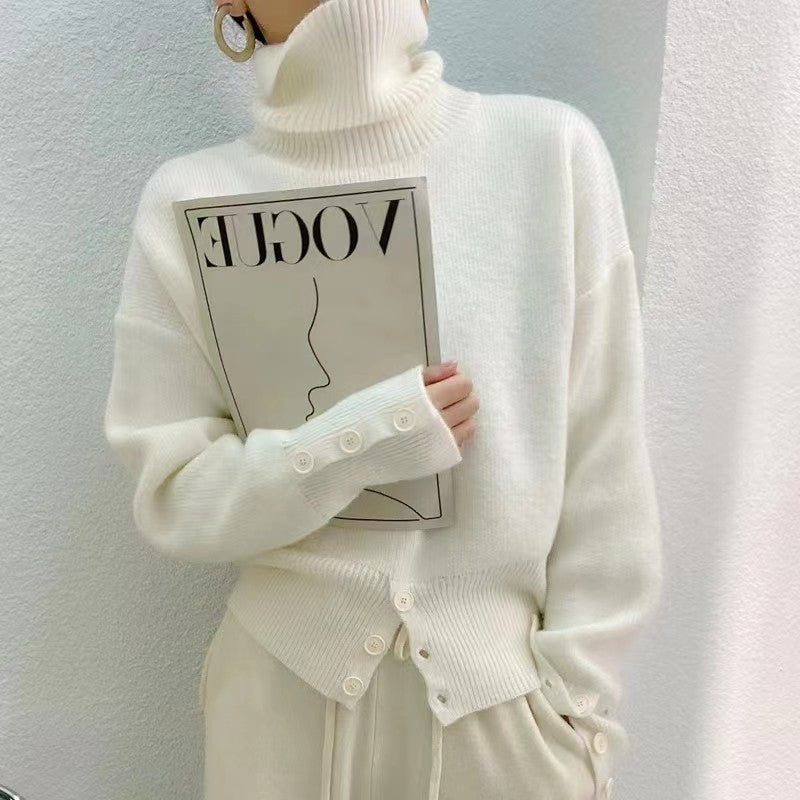 White Turtleneck Sweater Pullover Button