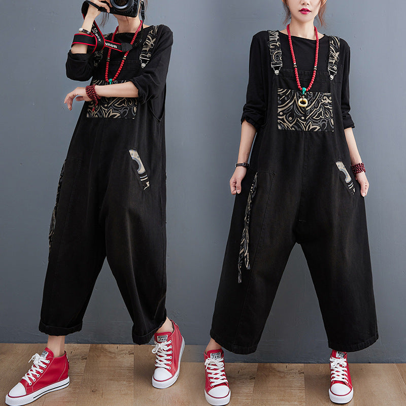 Retro Casual Patchwork Design Jeans Suspenders Wide Leg Pants For Women