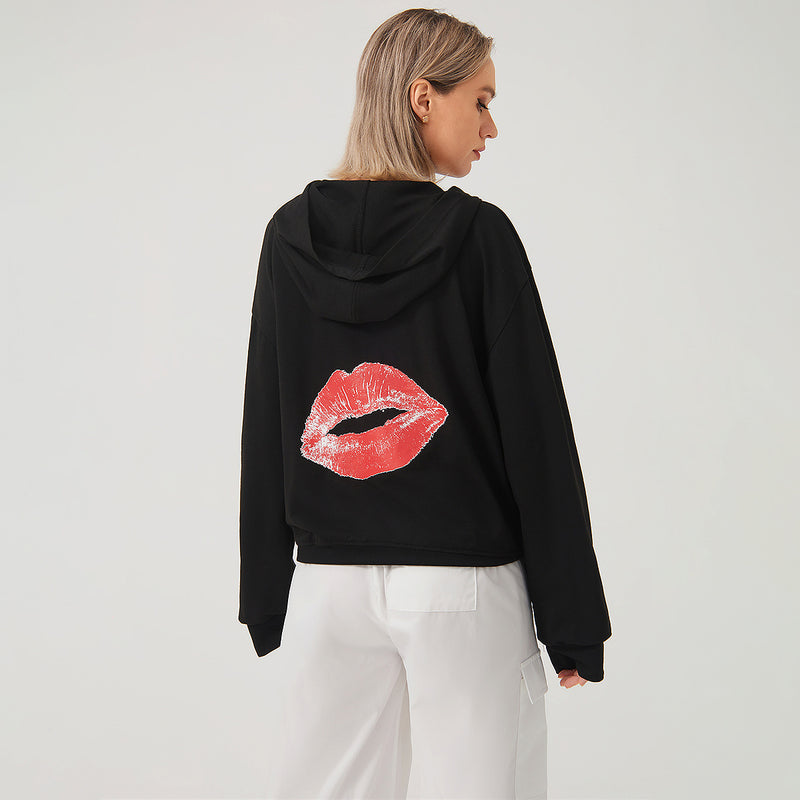 Solid Color Red Lip Print Stylish Loose-fitting Hoodie