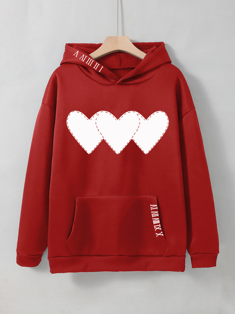 Women's Brushed Hoody Heart Shape Printed Drawstring Hoodie