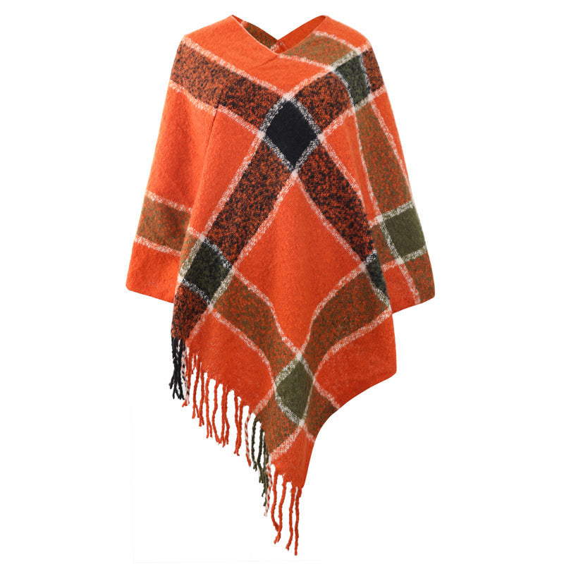 Cashmere Contrast Color Striped Cape Knitted Tassel Scarf