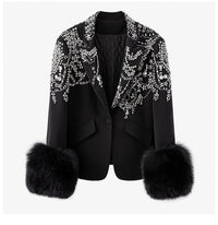 One Button Long Sleeve Suit Collar Exquisite Rhinestone Decorative Black Plush Cuffs Slim-fit Flattering Coat