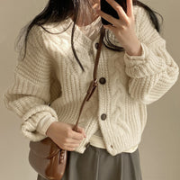 Women's V-neck Puff Sleeve Linen Pattern Loose Knitted Cardigan Sweater Coat