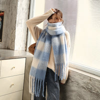 Warm Contrast Plaid Scarf With Big Fringe