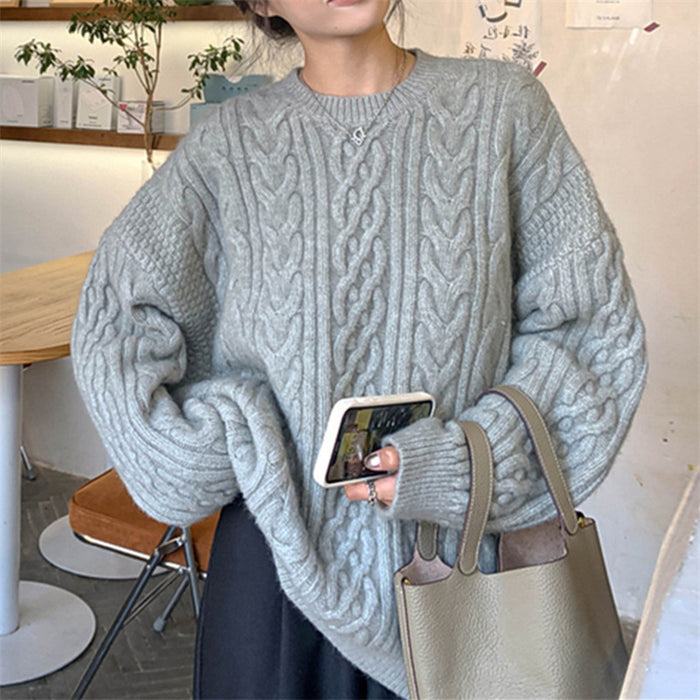 Women's Fashion Round Neck Retro Pullover Cable-knit Sweater