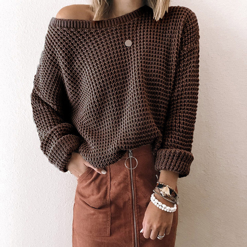 Solid Color Loose Diagonal Neck Long Sleeve Knit Top