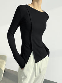 Straight Shoulder Long Sleeved T-shirt Irregular Top