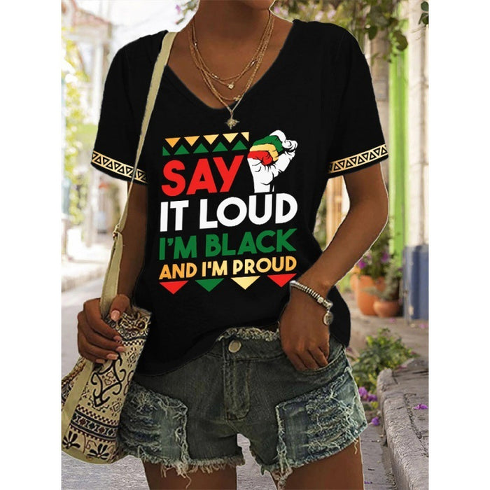 European And American Women's Clothing New Top Loose V-neck Digital Printed Short Sleeve T-shirt