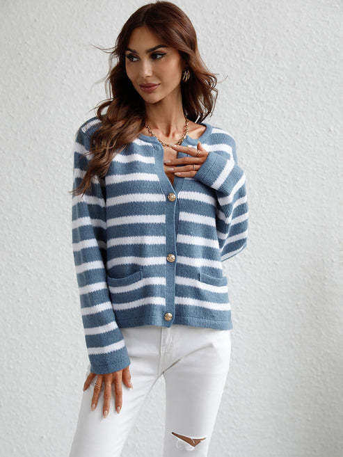 Striped Women's Single-breasted Cardigan Sweater