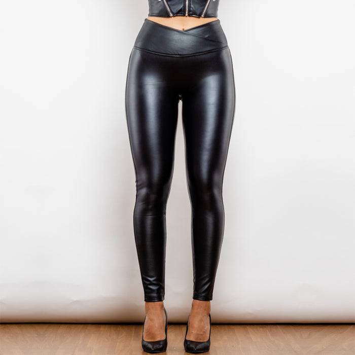 Shascullfites Melody X Cross Matt Black High Waist Leather V Shape Leggings Vegan Leather Leggings Women's Pants