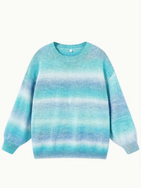 Stitching Contrast Color Knitted Sweater Fashion Pullover Round Neck Gradient Rainbow Striped Top