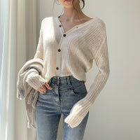 Solid Color Knitted Short Jacket Feminine Small V Neck