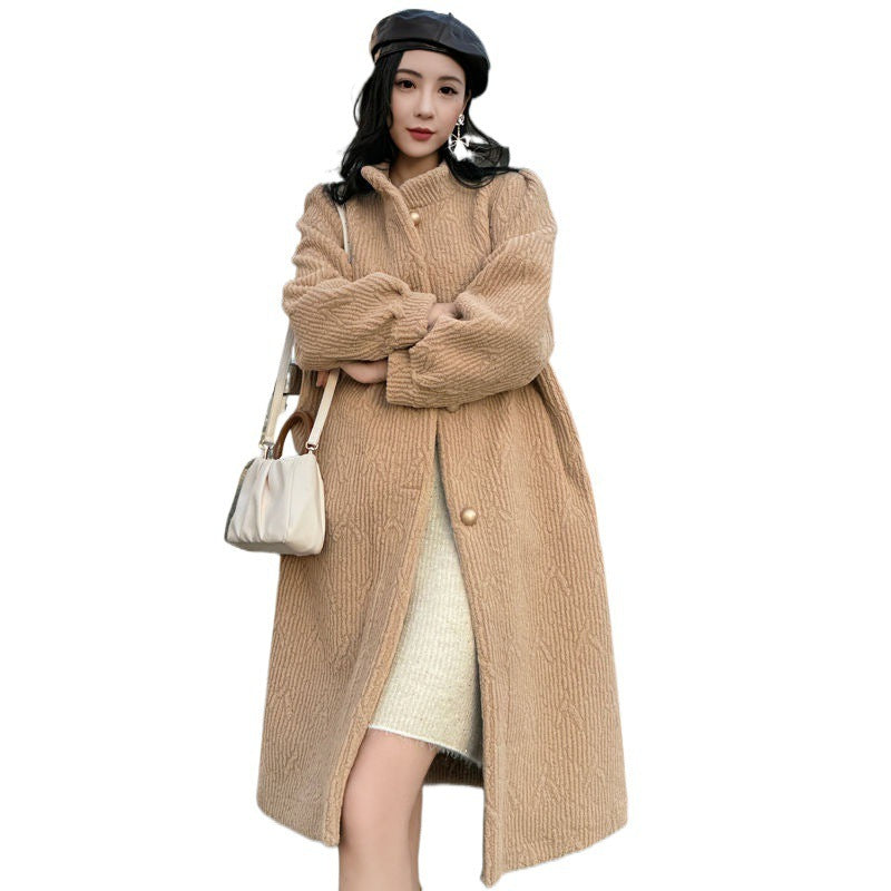 Thickened Long Section Stand Collar Faux Lamb Plush Fur Integrated Fur Environmental Protection Leather Women's Coat