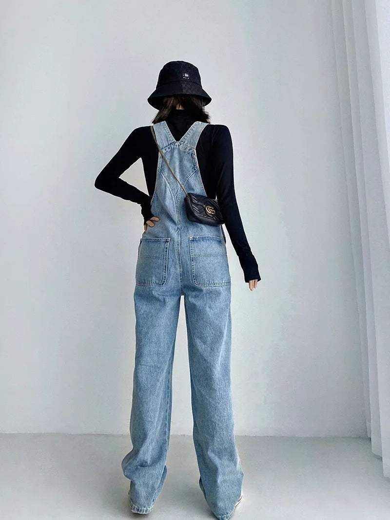 Loose Straight Retro Denim Suspender Pants