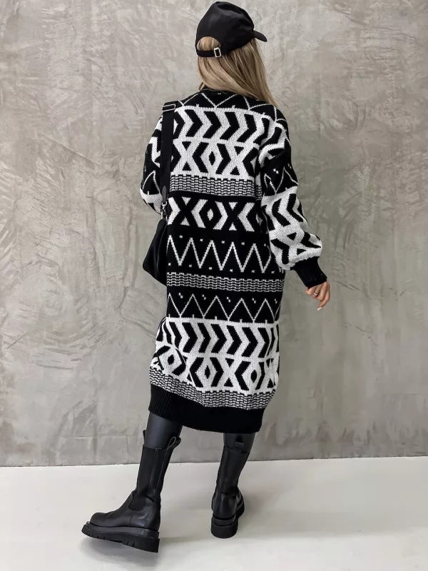 Long European And American Diamond Lattice Sweater For Women