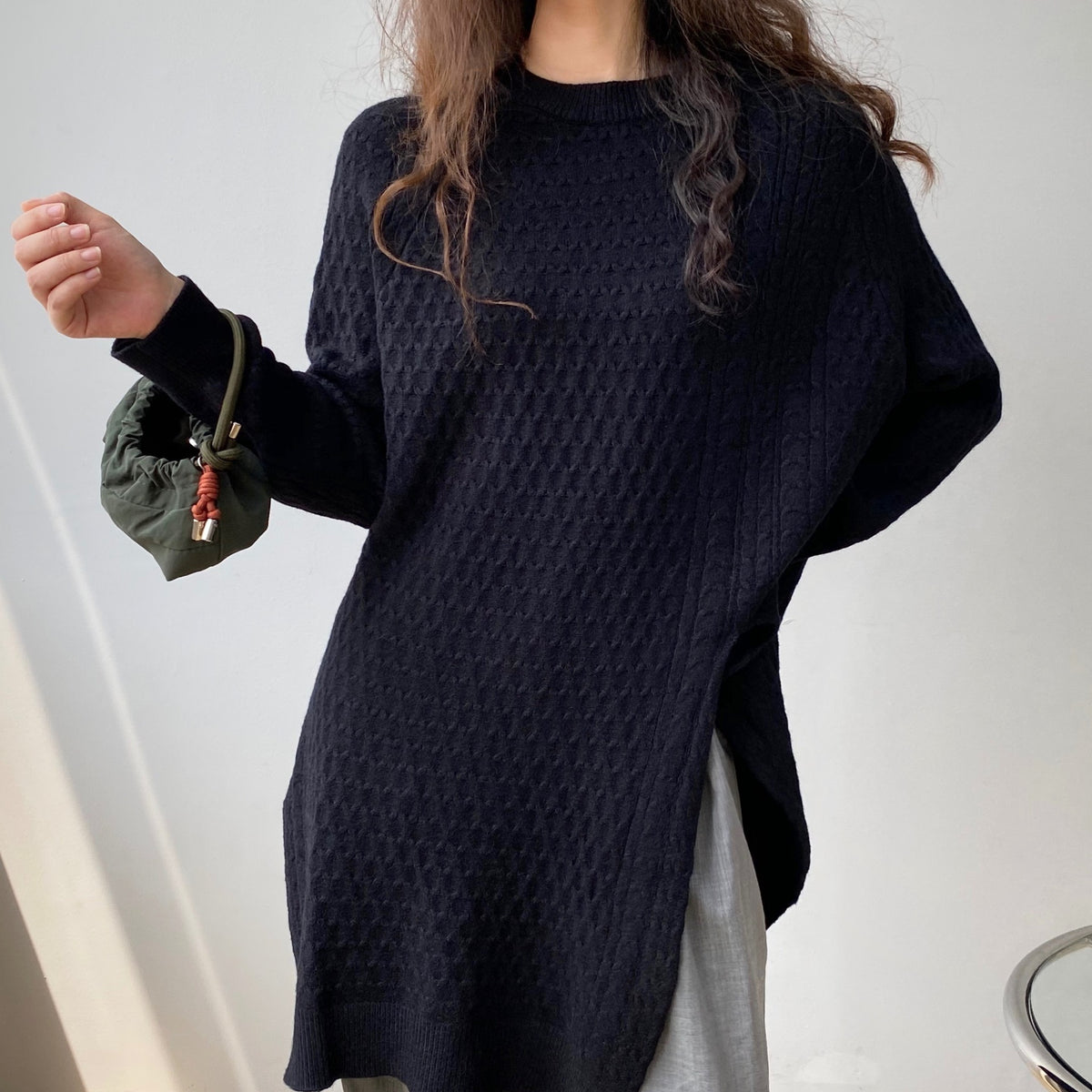 Solid Color Round Neck Twist Irregular Slit Sweater