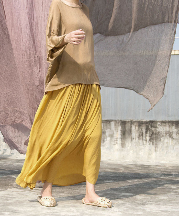 Elastic Waist Large Hem Draping Turmeric Crepe De Chine Skirt