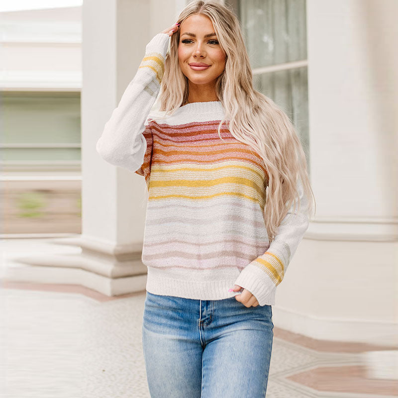 Early Autumn Pullover Leisure Simple Mixed Color Stripe Printed Sweater