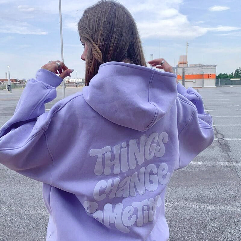 American Retro Light Purple Simple Print Hooded Sweater Women