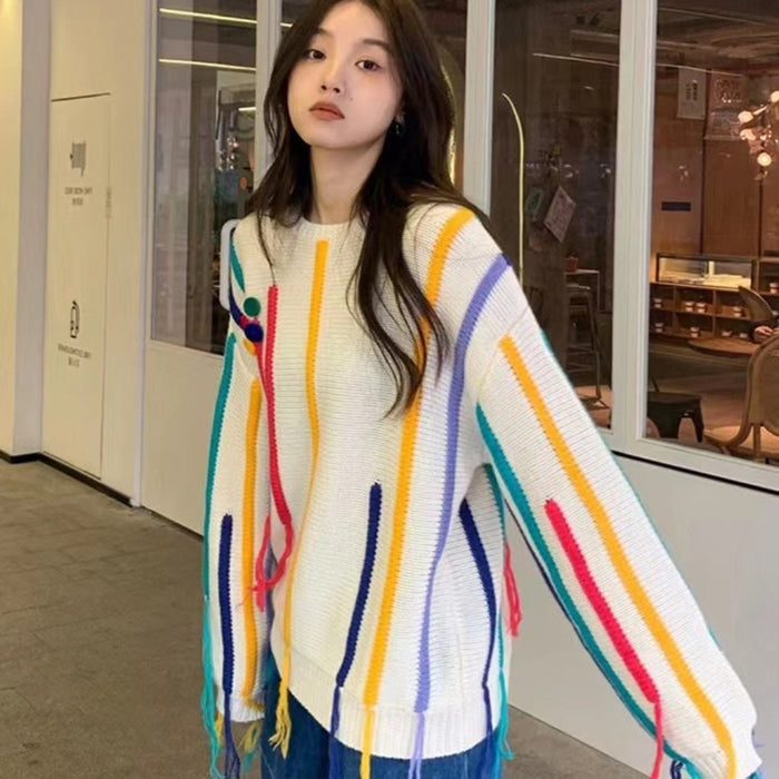 Fringed Sweater Design Colorful Striped Sweater For Women