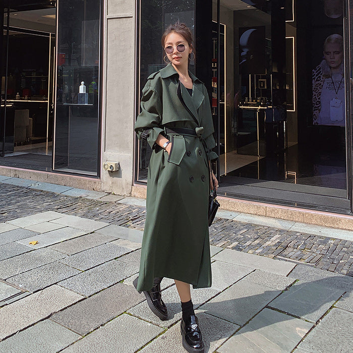 Mid-length Vintage Coat Military Green Double-breasted Trench Coat