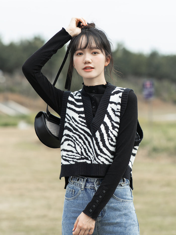 Zebra Pattern Knitted Vest Women's V-neck Stacking