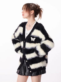 Black And White Striped Soft Glutinous Thick Lazy Knitted Cardigan