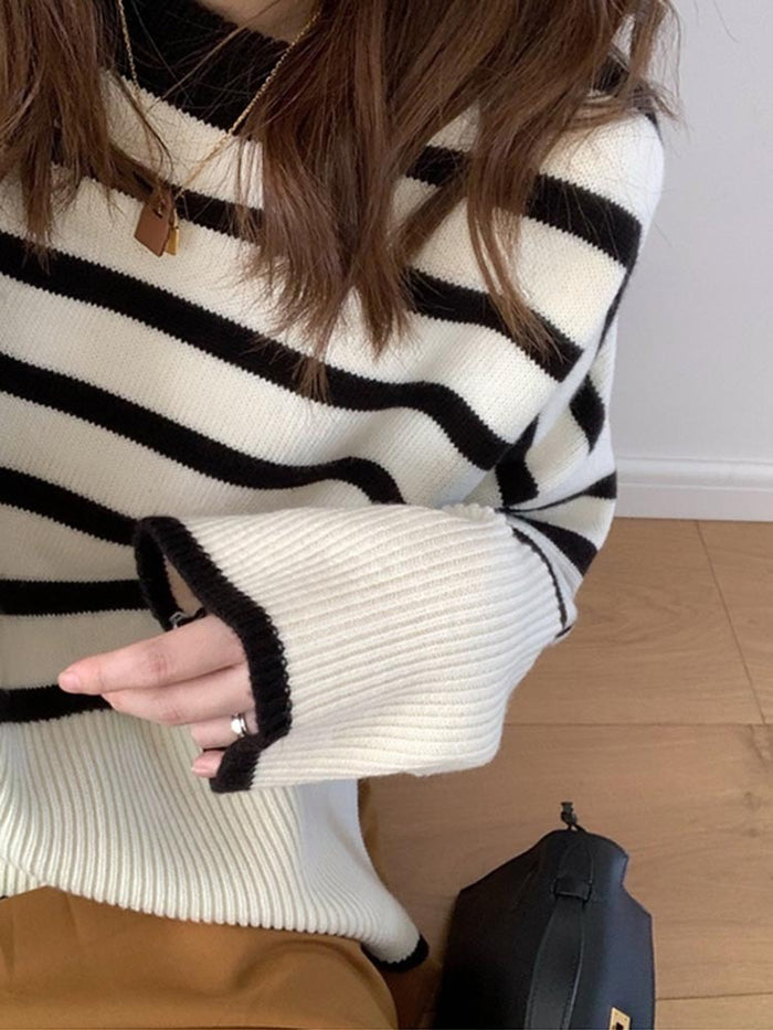 All-matching Youthful-looking Knitted French Lazy Style Striped Sweater