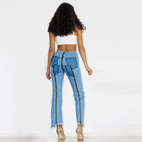 Light Blue Zipper Personality Design Irregular Skinny Jeans