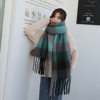 Warm Contrast Plaid Scarf With Big Fringe