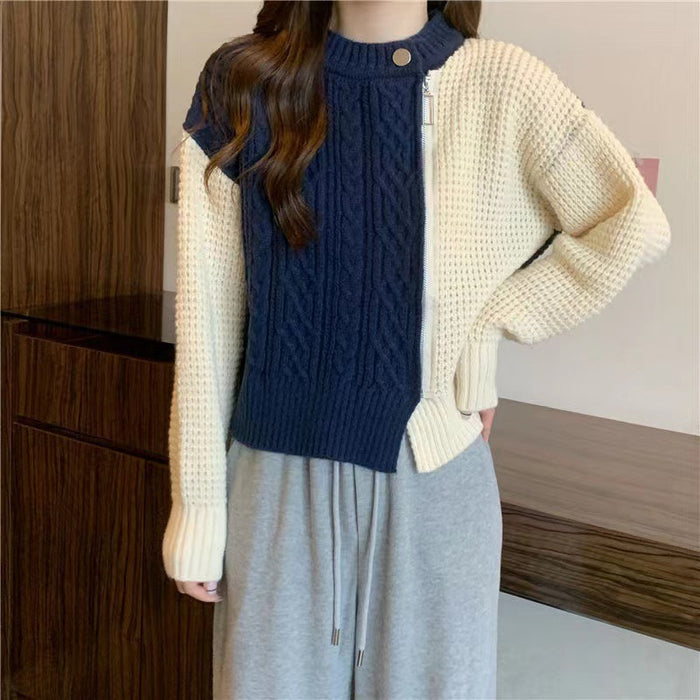 Side Zipper Design Sweater Coat Assorted Colors Retro Idle Style Knitted Top