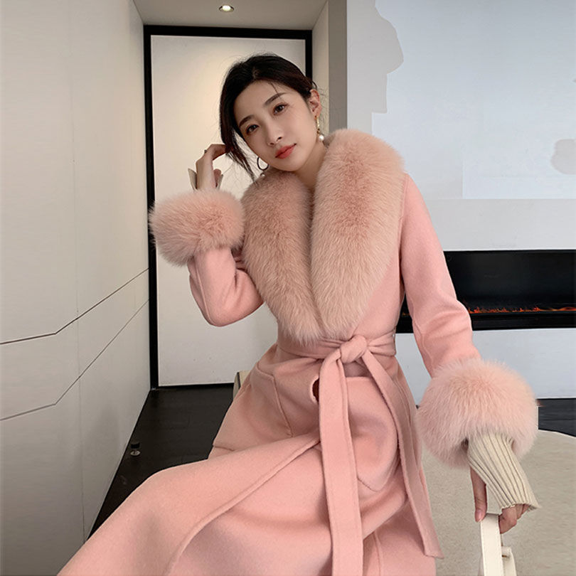 Korean Version Large Fur Collar Slim Fit Medium Long Woolen Coat