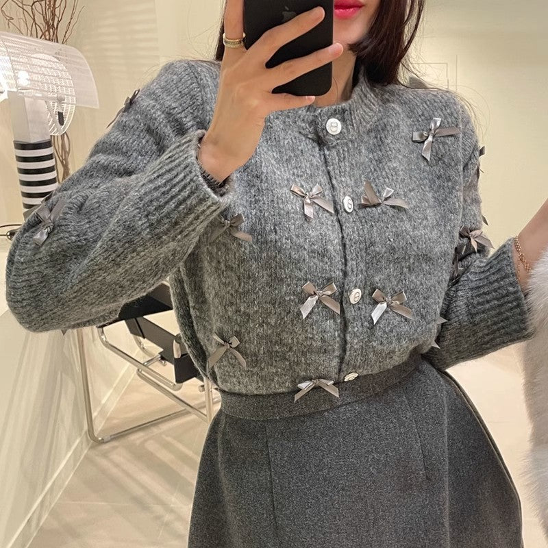 Round Neck Bowknot Decorative Loose All-match Knitted Cardigan Sweater Coat For Women