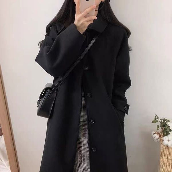 Korean Style High-grade Thickened Black Woolen Coat