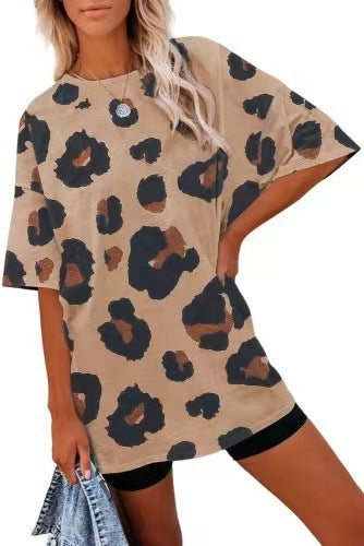 Women's Short Sleeve Temperament Leopard Print Loose Round Neck T-shirt