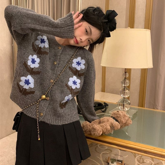 Retro Small Short Soft Glutinous Flower Sweater Women