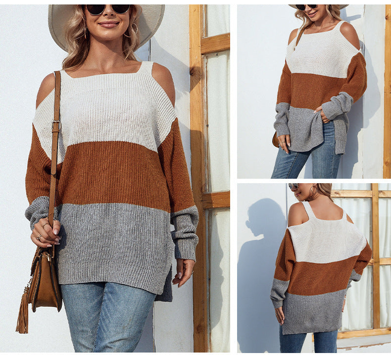 Contrast Color Off-the-shoulder Split Sling Sweater