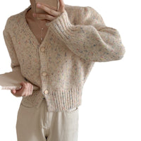 Women's Mixed Color Dot V-neck Short Knitted Cardigan Sweater