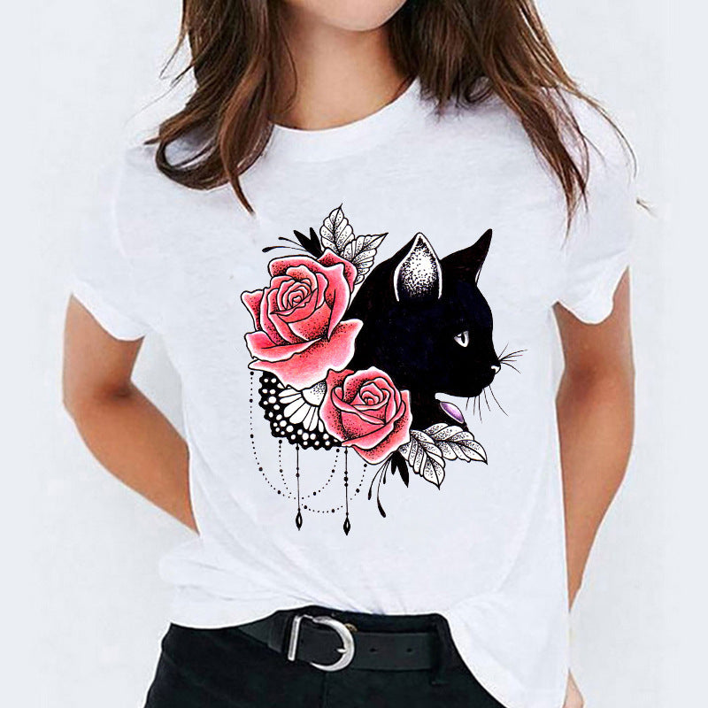 Cat Flamingo Round Neck Print T-shirt Short Sleeve Women's Clothing