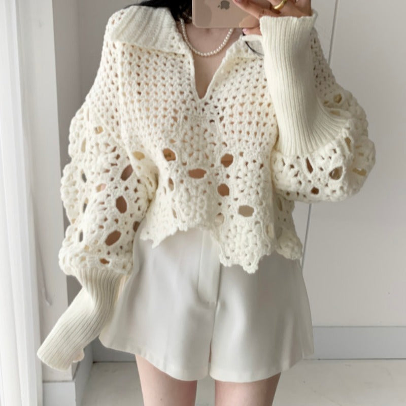 Loose Design Sense Niche Lantern Sleeve Crocheted Hollow Sweater Women's Outer Wear