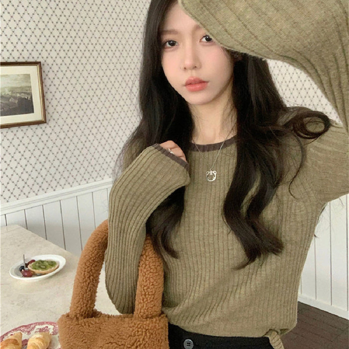 Leggings Knit Women Slim Color Contrast Crewneck Long Sleeve Inside Top