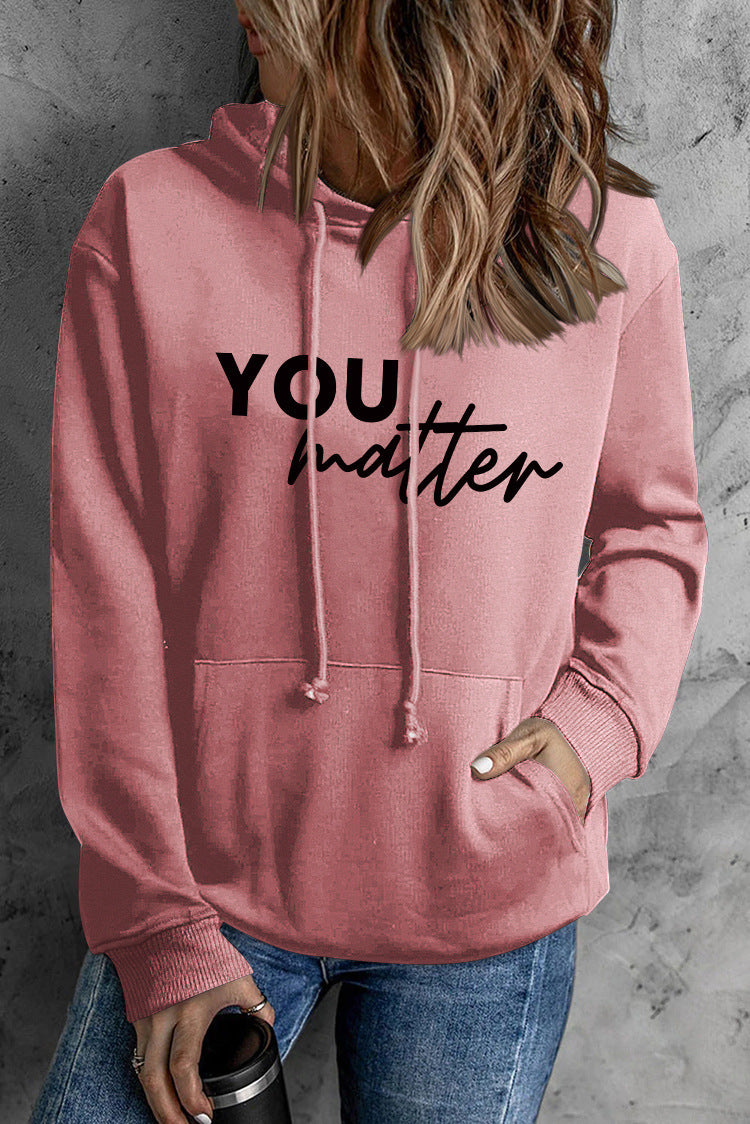 Front And Back Letters Women's Printed Wear Hooded Pocket Pullover Sports Long Sleeve